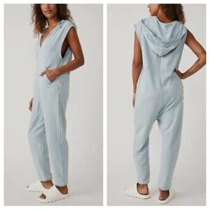 Free People Nothing But Sweats Hooded Jumpsuit Blue Athletic Comfy Gorp Lounge